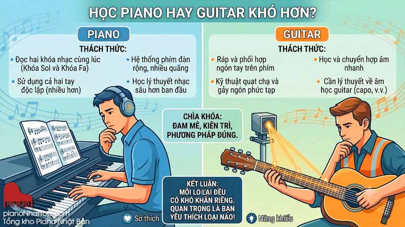 Học piano hay guitar khó hơn về giai đoạn bắt đầu?
